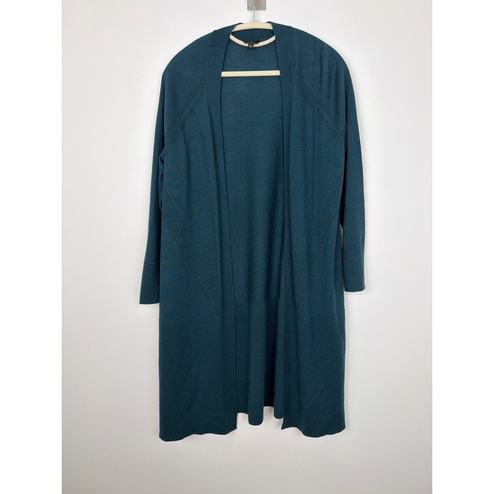 Talbots Cardigan LP Teal 100% Merino Wool Longline Open Front Pointelle Classic